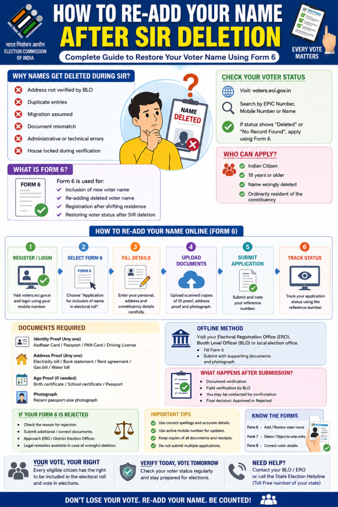 Learn how to re-add your deleted voter name after SIR using Form 6. Step-by-step online process, required documents, voter rights, FAQs, and legal guidance for 2026.