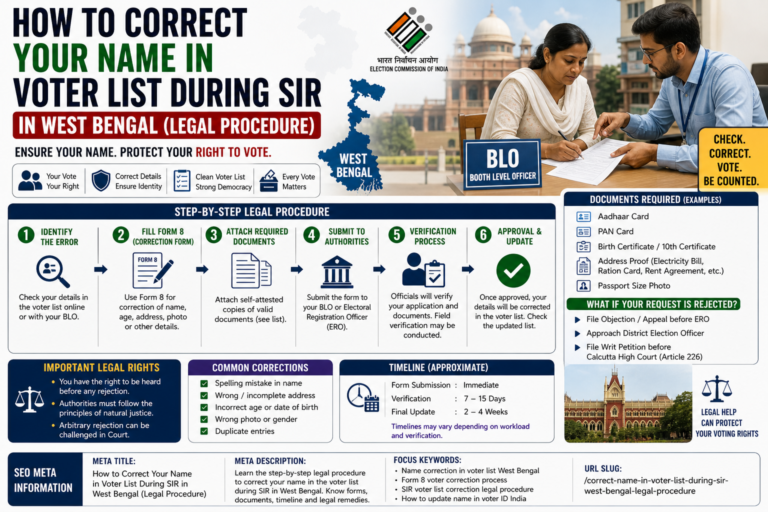 Learn the complete legal procedure to correct your name in the voter list during SIR in West Bengal. Step-by-step guide, Form 8 process, documents required, and legal remedies explained.