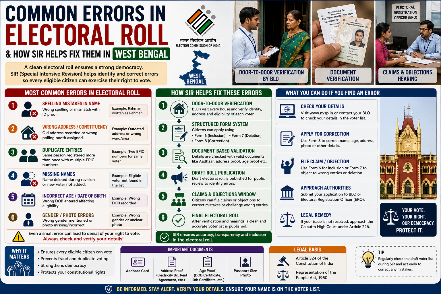 Learn the most common electoral roll errors in West Bengal and how SIR helps correct them. Step-by-step voter correction process, forms, and legal remedies explained.